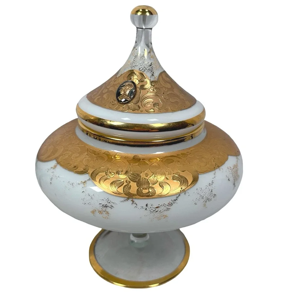 Vintage‎ Empoli Circus Tent Italy White Milk Glass Gold Encrusted Candy Dish Lid